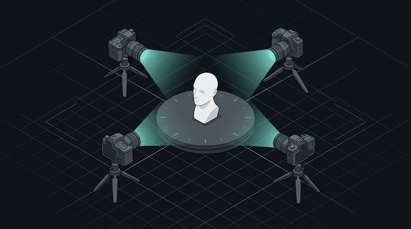 Top-down diagram showing front, left, back and right camera positions around an object on a turntable