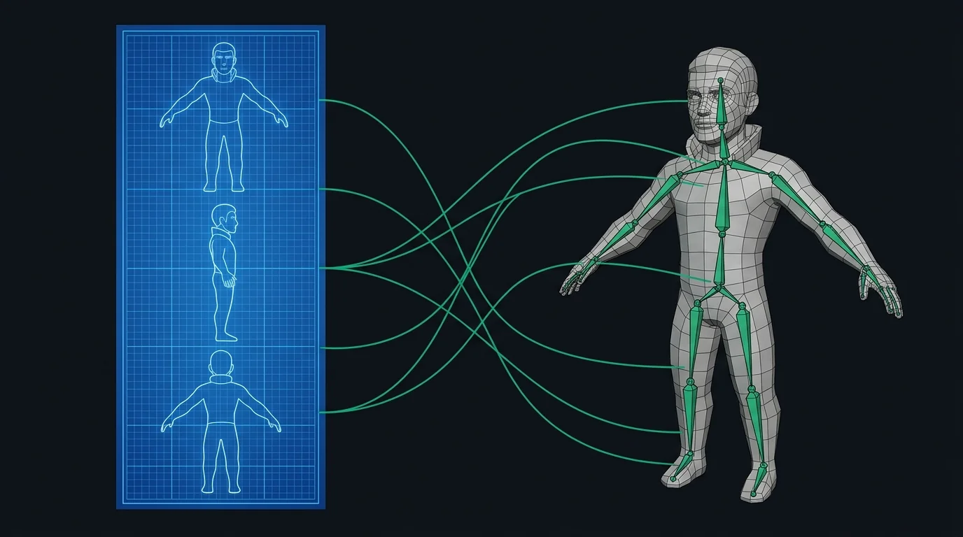 Character sheet turnaround to 3D game asset workflow diagram showing 2D orthographic poses converting into rigged 3D mesh