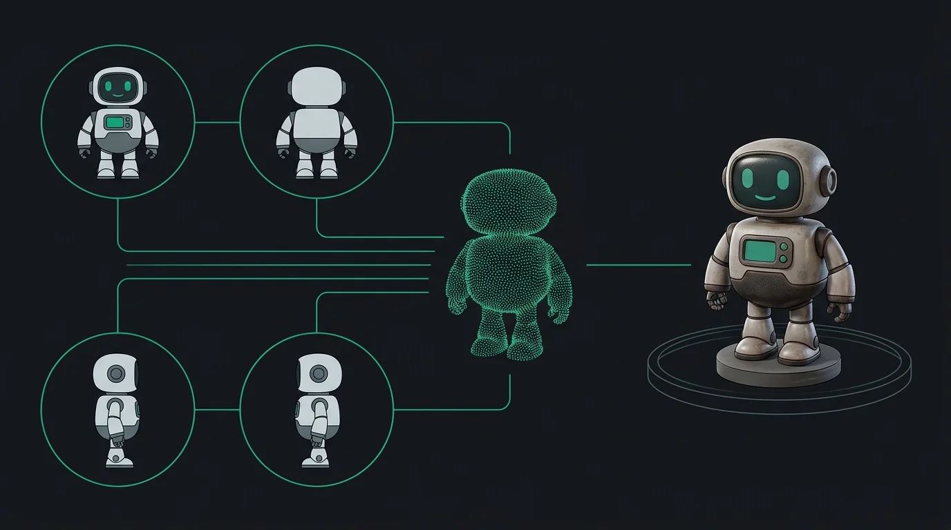 Multi-angle photos to 3D model conversion workflow diagram showing 4-view capture and watertight mesh reconstruction
