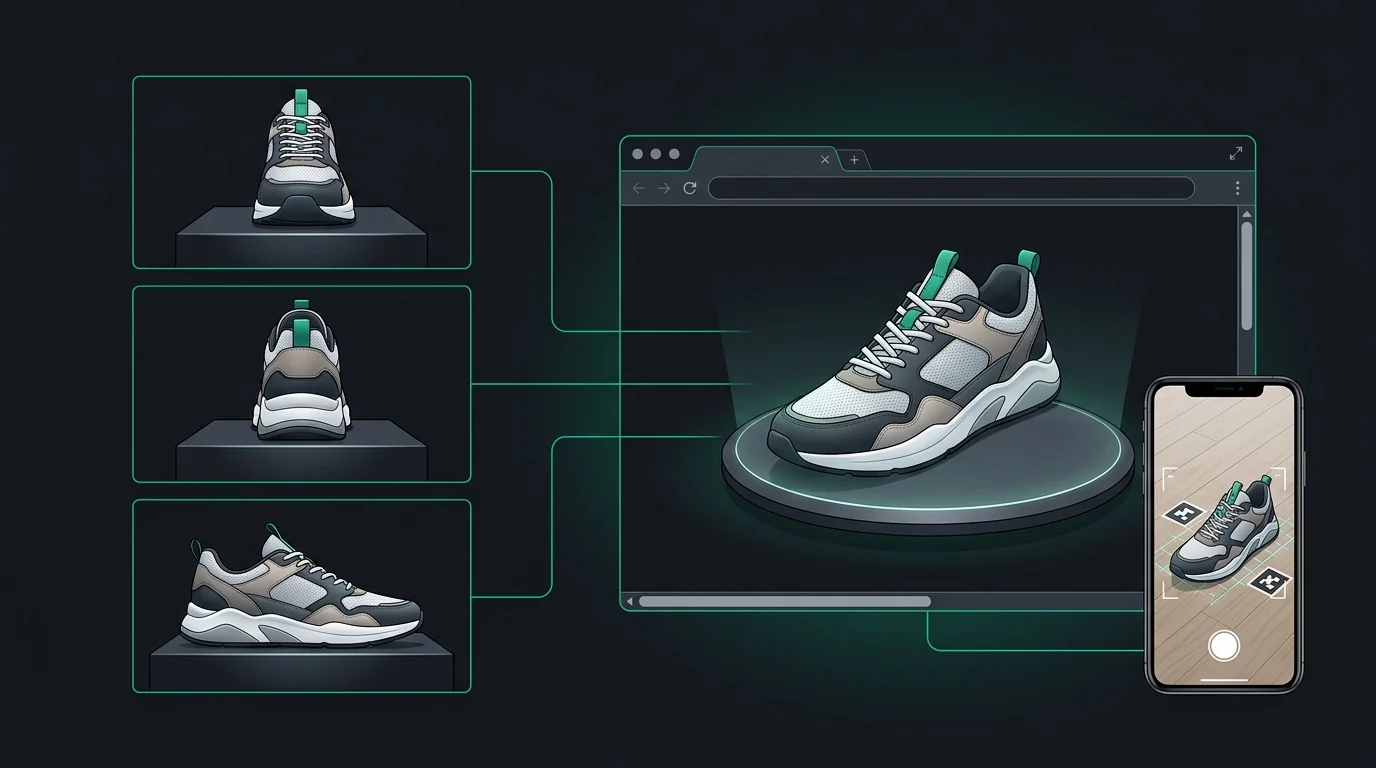 Product photos to Shopify 3D model conversion workflow showing catalog shots transforming into interactive web 3D model