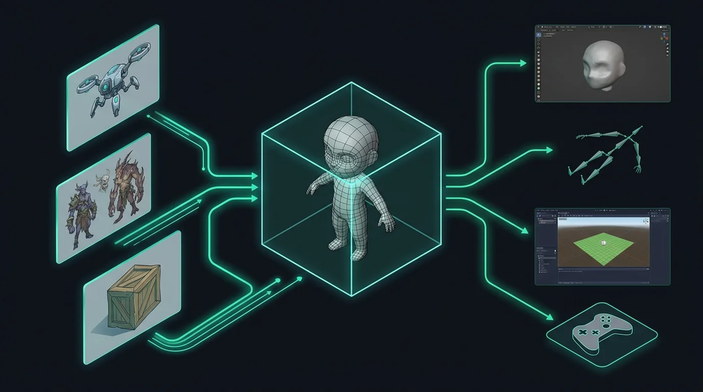 Indie game development 3D asset pipeline showing 2D concept art transforming into base mesh, Blender sculpting, auto-rigging, and game engine staging
