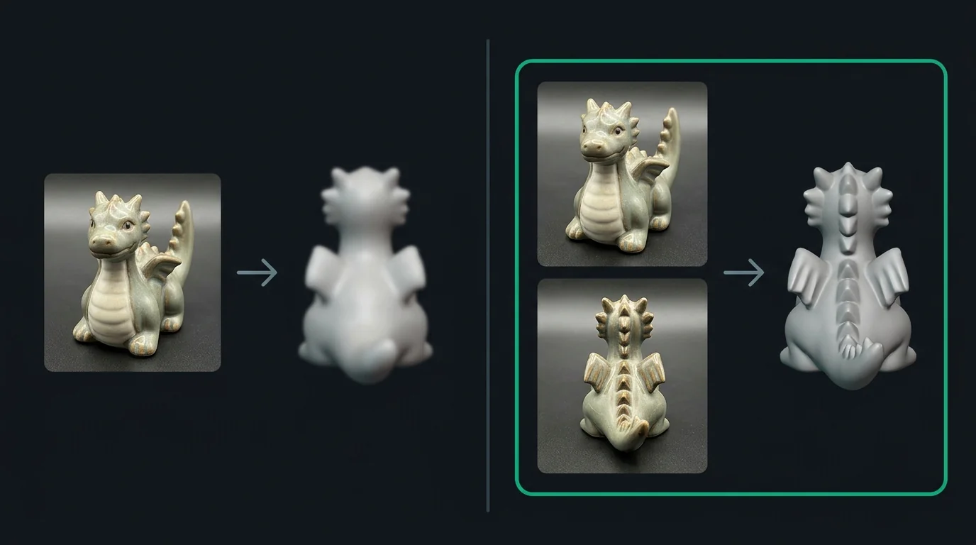 Front and back image to 3D model comparison diagram showing single image AI failure versus dual view watertight 3D reconstruction